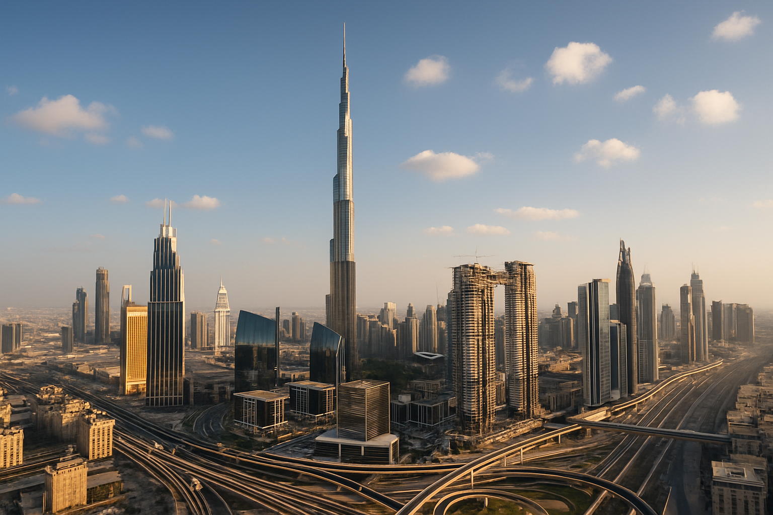A panoramic view of the Dubai skyline featuring Burj Khalifa