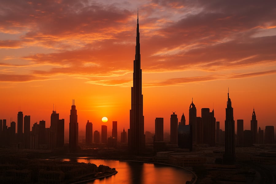 Dubai skyline with Burj Khalifa at sunset