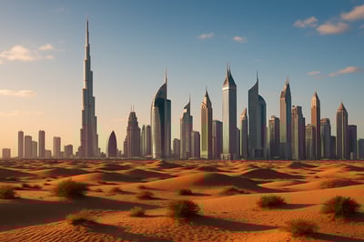 Dubai skyline with iconic buildings and desert landscape